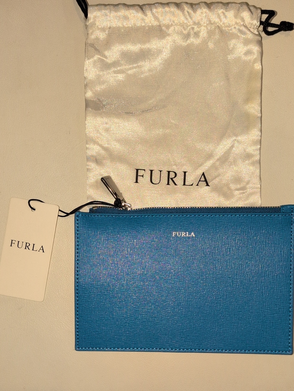 Furla Babylon Turquoise Saffiano Leather Envelope Zip Pouch With Dust Bag NWT